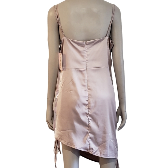 Missguided Size 12 Blush Pink Satin Cowl Neck Ruched Mini Dress High Low Sides - Picture 3 of 11